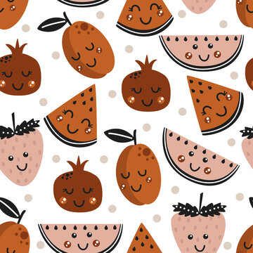 Seamless Pattern With Watermelon Strawberry Plum - Vector Illustration, Eps