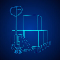 Fototapeta premium Hand pallet jack lift with pallet and stacked goods cardboard boxes. Manual forklift. Logistics shipping concept. Wireframe low poly mesh vector illustration.
