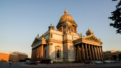 St Isaac Cathedral on sunset. White night. Museums Isaac's Square. Unique urban landscape center Saint Petersburg. Central historical sights city. Top tourist places in Russia. Capital Russian Empire