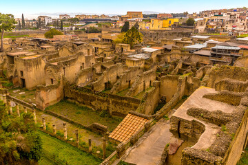 A view across the well preserved Roman settlement of Herculaneum, Italy