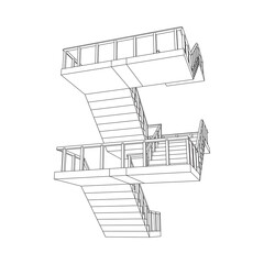 Wireframe stairs, interior staircases steps with railing. Wireframe low poly mesh vector illustration.