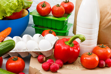 healthy food background, vegetables, fruits, eggs and dairy products on white table, top view
