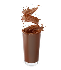 Chocolate milk drink splash and twist into glass.