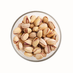 Nuts for snack. Pistachios in glass plate isolated on white background