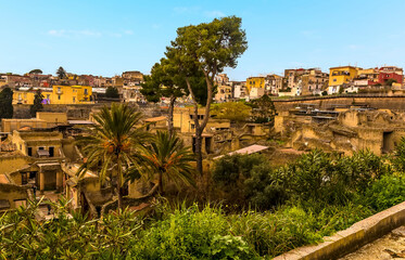 A view from the upper path of the well preserved Roman settlement of Herculaneum, Italy