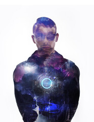 Double exposure portrait of man combined with purple technology background and mechanism instead of...
