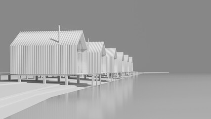 Perspective view of several rural barnhouse style houses lined up by the lake. Concept art in gray tones with copy space. 3D illustration.