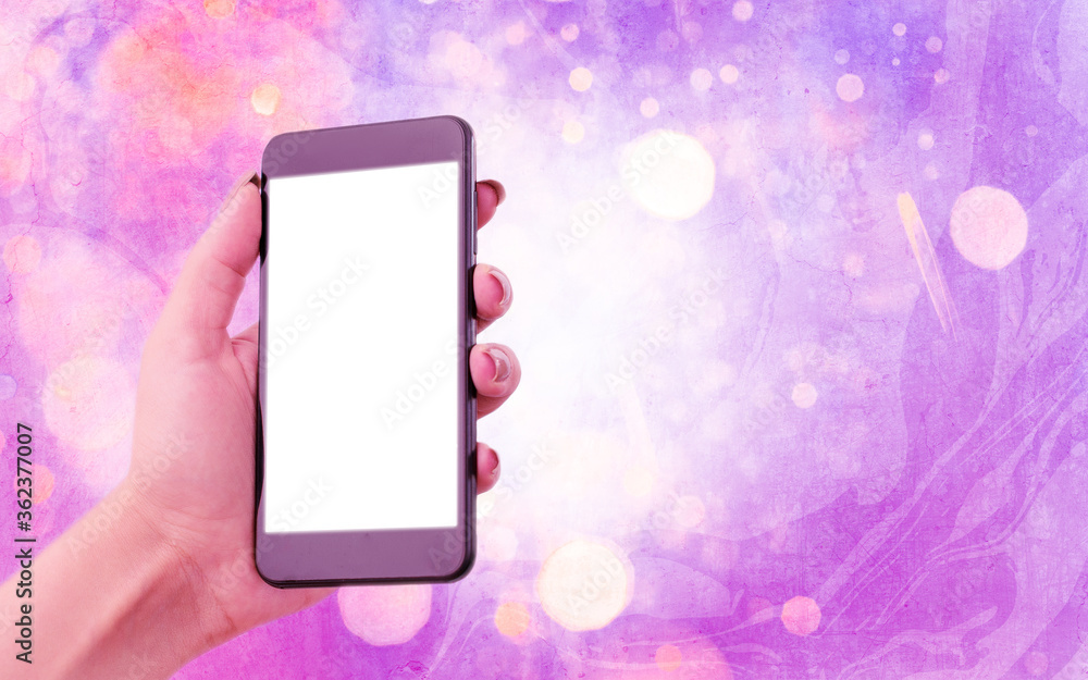 Poster modern gadgets with white display screen under colorful bokeh background
