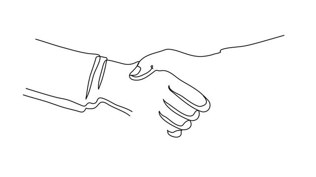 Close up. Continuous line drawing of handshake. Self drawing animation of business partners handshaking.