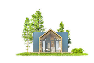 Modern small wooden house in the Scandinavian style barnhouse, with a metal roof and large Windows on an island of greenery with trees. On a white background, isolated, 3D illustration