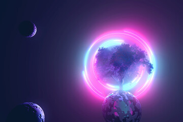 Abstract neon background, mystical space planet with a tree sprouted on it in the light of pink blue ultraviolet light glowing ring round frame, 3d dark illustration with copy space