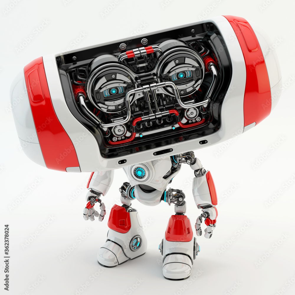 Poster white with red elements, robotic toy with big wide open head, 3d rendering