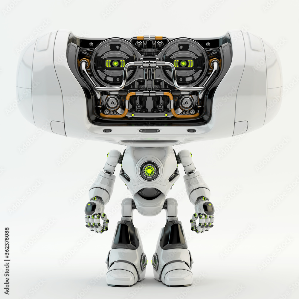 Poster white robotic toy with big wide open head, 3d rendering