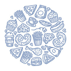 Doodle Breakfast and fast food icon set, Simple and trendy with sketching style with circle style
