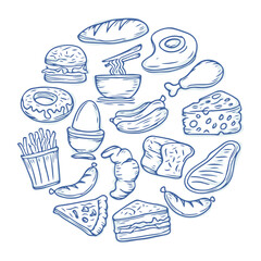 Round of Doodle Breakfast and fast food icon set, Simple and trendy with sketching style