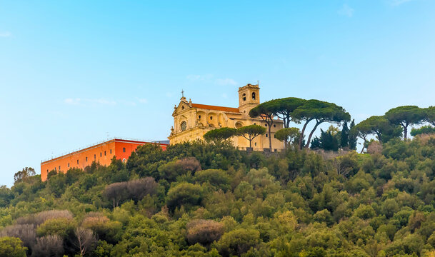 A view of a hilltop monastery overlooking Ercolano near Naples, Italy