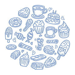 chocolate and sweets food. Sweet dessert and food art elements for kitchen or menu. Ice cream, bakery, cake, tea, chocolate,  croissant, pancakes etc.
