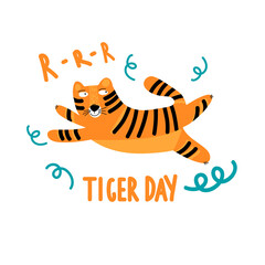 Fototapeta na wymiar International Tiger Day vector Vector illustration flat-style. Lettering, handwritten inscription for the day of the tiger and leaping tiger. Design of banner, postcard, advertisement, or booklet.