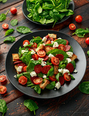 Chorizo Tomato salad with spinach, feta cheese and croutons. healthy summer food