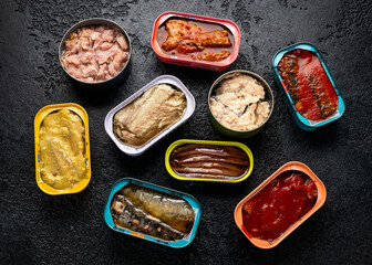 Canned fish with different assortment types of seafood on rustic stone background.