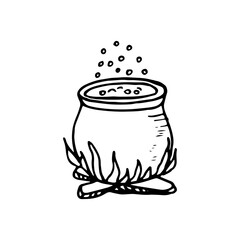 witch cauldron with boiling potion on a bonfire hand drawn in doodle style. vector, scandinavian, monochrome. single element for design card, sticker halloween decor