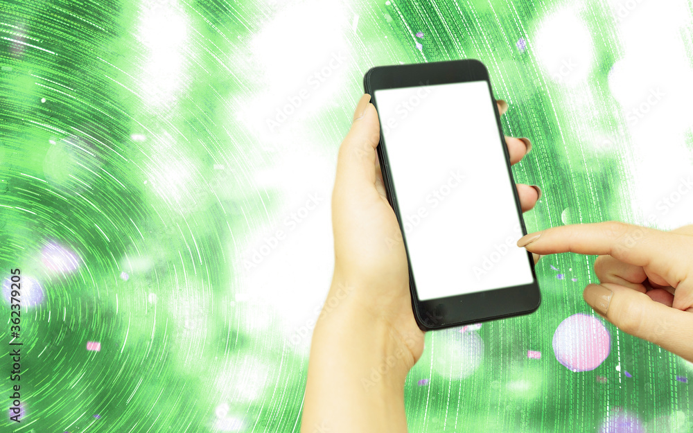 Poster modern gadgets with white display screen under colorful bokeh background