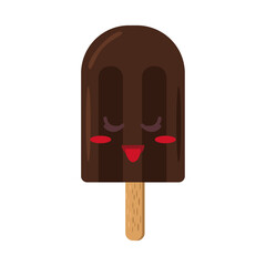 ice cream on a stick with a smile and tongue in vector flat style. single element for design. cute chocolate summer dessert cartoon, character face