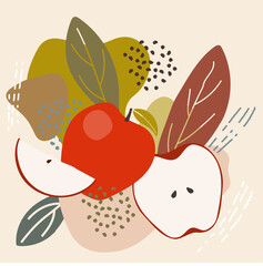 Abstract pastel colors fruit element memphis style. vector illustration of apple on retro abstract background for organic food packaging, natural cosmetics, vegetarian, vegan products. apple label.