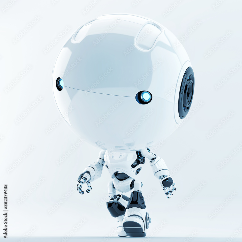 Poster cute white little character with illuminated blue eyes. robotic toddler, 3d rendering in action walk