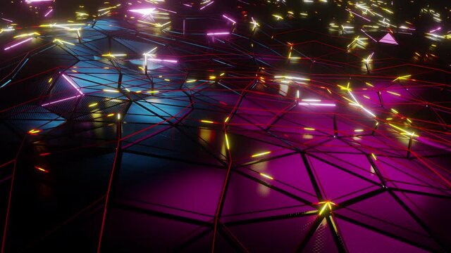 Neon Light Triangle In Geometry Wave is motion footage for scientific films and cinematic in space. Also good background for scene and titles, logos.