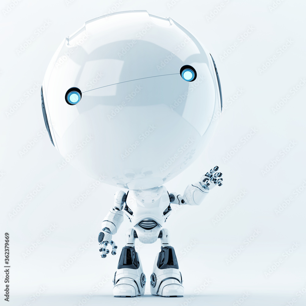 Poster cute white little character with illuminated blue eyes. robotic toddler, 3d rendering gesturing with