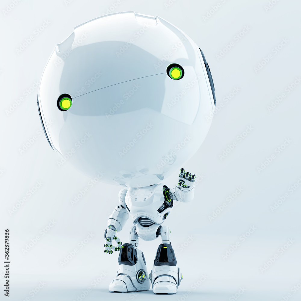 Poster cute white little character with illuminated yellow eyes. robotic toddler, 3d rendering gesturing wi