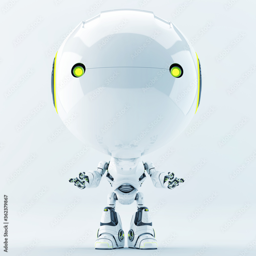 Poster cute white little character with illuminated yellow eyes and ears. robotic toddler, 3d rendering ges