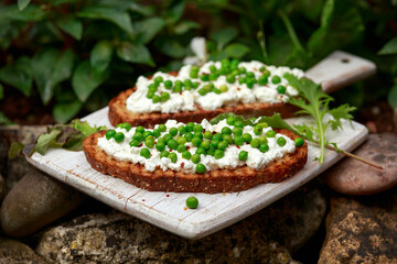 Vegetarian seeded sourdough bread open sandwich with cottage cheese and petit poit peas sprinkled with chilli flakes