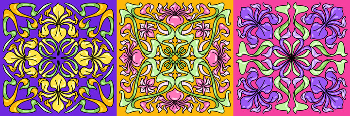 Art Nouveau ceramic tile pattern. Floral motifs in retro style.