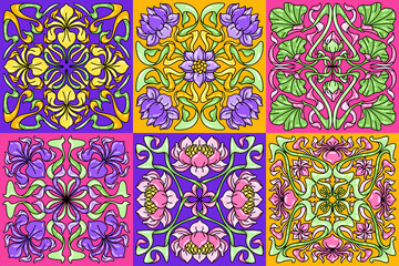 Art Nouveau ceramic tile pattern. Floral motifs in retro style.