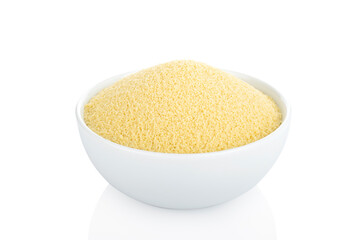 Couscous. Raw couscous in white bowl, on white background (Tr- kuskus)
