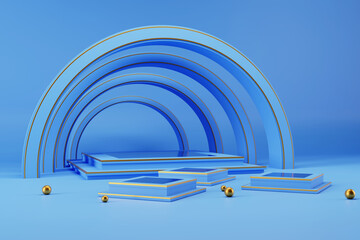 Obraz premium Blue geometric modern jewelry or beauty product presentation scene with arcs and golden spheres