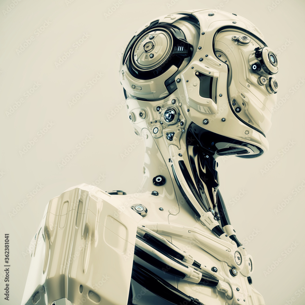 Poster robot pilot with multiple optical elements, different lenses to capture all in details. futuristic p