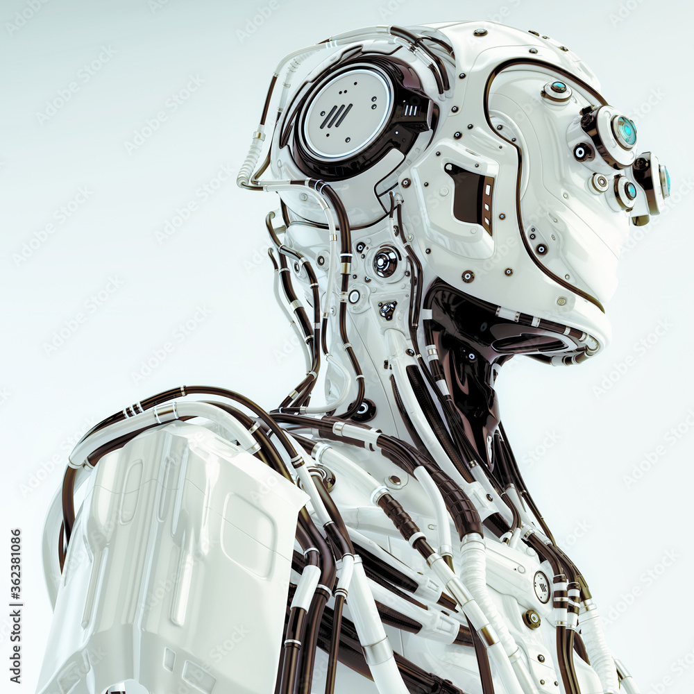 Poster robot pilot with multiple optical elements, different lenses to capture all in details. futuristic p
