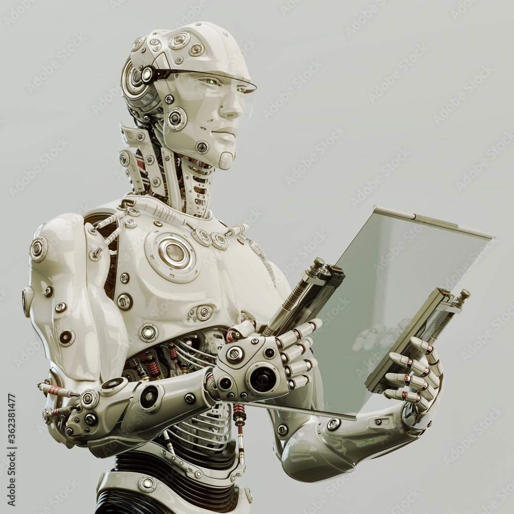 Poster stylish robot holds tablet 3d rendering. smart cyborg man in glasses with digital notepad gadget