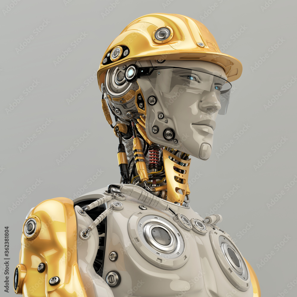 Poster engineer robotic man in yellow hardhat, 3d rendering portrait