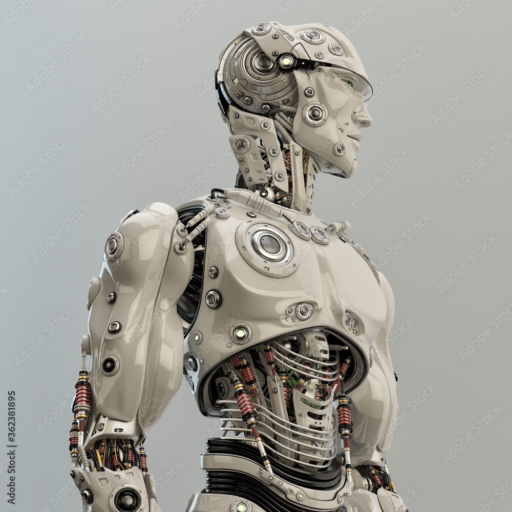 Poster smart robot man with an open mechanical structure and glasses, 3d rendering