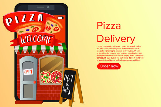 Order food on a smartphone. Grocery online from app by mobile. E-commerce concept. Online order infographic. 