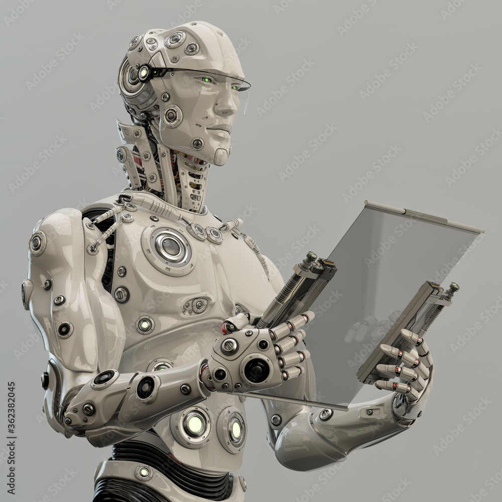 Poster stylish robot holds tablet 3d rendering. smart cyborg man in glasses with digital notepad gadget