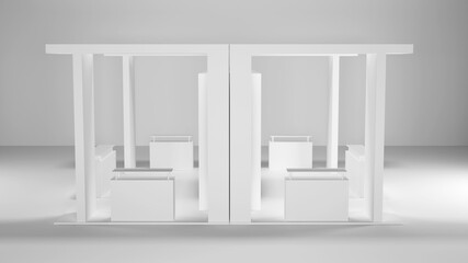 White two side creative exhibition stand design. Booth template. 3d rendering