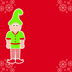 A red christmas background with a green elf and snow.