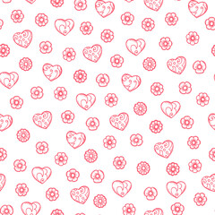 Hand drawn doodle flowers and hearts Seamless pattern. Valentines background. Happy Valentine's Day. Seamless floral pattern
