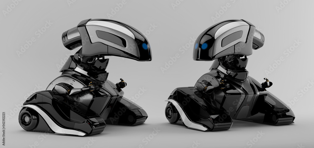 Aufkleber two cute robot toy on tracks with digital screen, 3d rendering of radio controlled robotic gadget