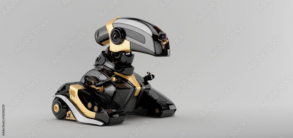 Poster futuristic cute robot toy on tracks, 3d rendering of radio controlled robotic gadget